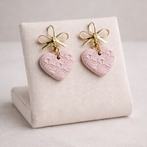 Pink Heart Charm Earrings with Gold Ribbon Bow